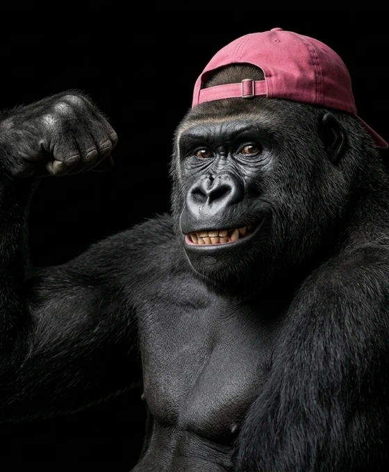 Gorilla mascot flexing while showing growth chart