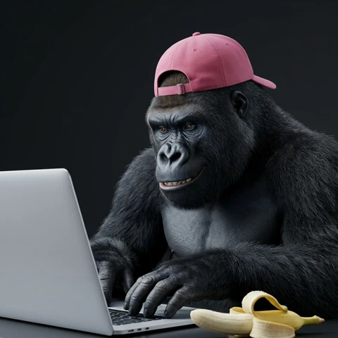 Gorilla mascot working on laptop – how it works