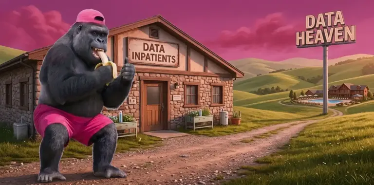 Seresa Gorilla mascot outside a Data Inpatients clinic with a Data Heaven health retreat in the distance
