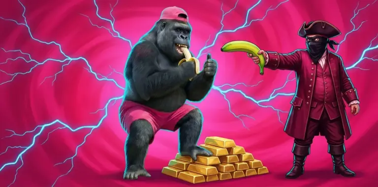 Seresa Gorilla mascot guarding a pile of gold bars while a masked highway robber aims a banana pistol