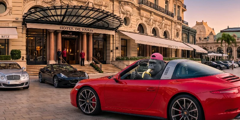 Gorilla in a red Porsche outside the Hôtel de Paris Monte Carlo